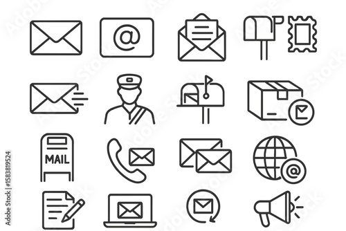 Mail and email correspondence line icon set. Vector symbols for post office, delivery service, and communication. Includes envelope, letter, mailbox, and postman.