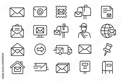 Mail and postal service line icon set. Vector collection of email, letter, post office, mailbox, postman, and delivery symbols. Outline pictogram for web and app design.
