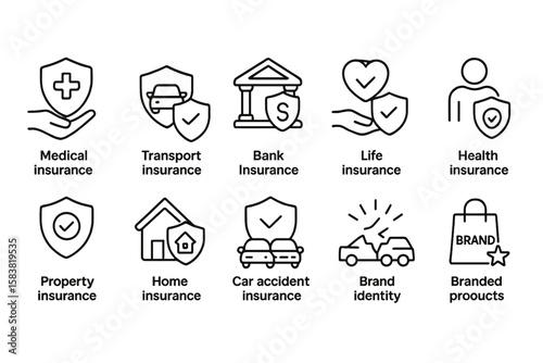 Insurance line icon set. Medical, health, life, and property coverage. Home, car accident, and transport safety symbols. Financial protection and bank deposit guarantee signs.