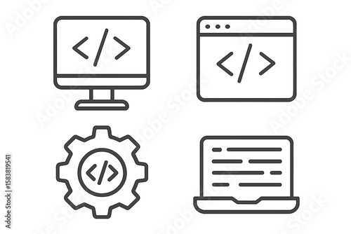 Coding and programming line icon set. Web and software development concept. HTML, CSS, and script symbols. Developer, computer, browser, API, and backend vector icons.