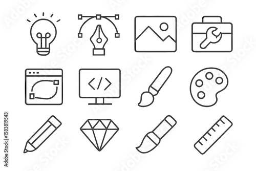 Graphic design line icon set. Creative process and art tools. Vector pictograms for web and app design. Includes pen tool, code, paintbrush, palette, idea lightbulb.