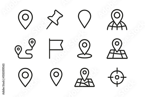 Map pin line icon set. Location marker, push pin, and navigation pointer symbols. Geolocation, route, flag, position, and GPS signs for web and mobile apps. Vector outline.