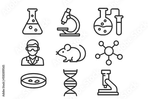 Laboratory line icon set. Science, biology, and chemistry research symbols. Vector outline pictograms of microscope, flask, DNA, molecule, lab test, and experiment.