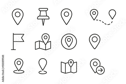 Map pin line icon set. Location, push pin, and map marker for geolocation. Vector icons for route, flag, position, GPS, and address. Outline linear style graphic symbols.