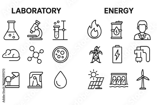 Laboratory and energy line icon set. Science, research, experiment icons. Flask, microscope, molecule. Power, electricity, renewable energy. Solar panel, wind turbine vector.