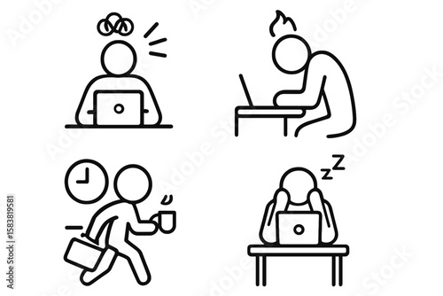 Workaholic and Workaholism Concept Icons. Overworked, Burnout, Stress, Fatigue, Rushed, Tired, Deadline Pressure, Exhaustion, Office Worker, Productivity, Mental Health, Outline Vector Set