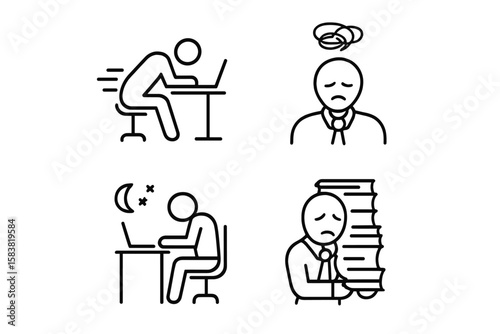 Workaholic Burnout Concept Icons. Overworked Employee, Stress, Fatigue, Exhaustion, Rushed Deadlines, Night Work, Mental Overload. Outline Vector Set for Workaholism, Office Burnout, Tired Worker