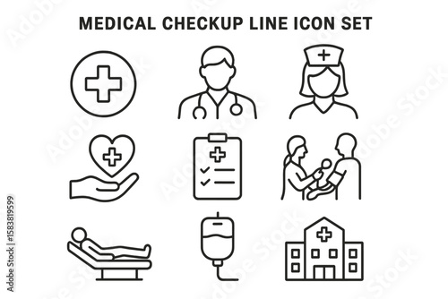Healthcare and medicine line icon set. Doctor, nurse, patient, and hospital symbols. Medical checkup, treatment, and examination concept. Vector outline pictogram collection.