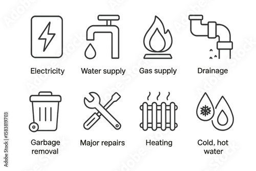 Essential Public Utilities and Services Vector Icons Set. Linear Style Illustrations of Electricity, Water Supply, Gas, Drainage, Garbage Removal, Repairs, Heating, Hot and Cold Water