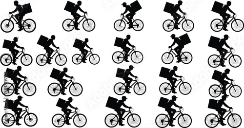 Silhouette delivery cyclist riding bicycle with backpack, food courier illustration, bike messenger icon, urban logistics, fast delivery concept vector