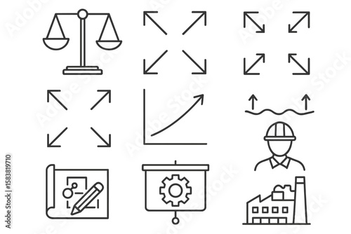 Scalability and Efficiency Line Icon Set. Outline Vector Icons for Scale, Resizing, Expansion, Adaptability, Elasticity, Growth, Engineering, Industrial Planning, and Business Optimization