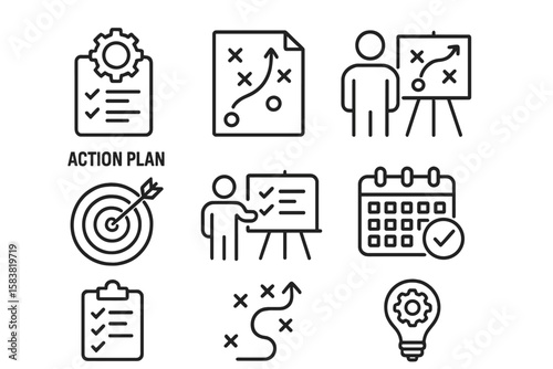 Action Plan Strategy Icons Set. Outline Vector Collection. Business Planning, Project Management, Goal Setting, Checklist, Timeline, Target, Roadmap, Innovation, Process, Infographic Elements