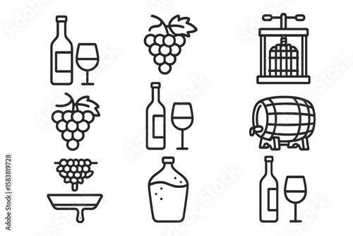 Wine and Winemaking Outline Icon Set. Grape Harvest, Wine Press, Fermentation, Barrel Aging, Bottled Red and White Wine, Glasses. Linear Vector Collection for Winery, Vineyard, Beverage Production