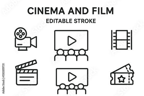 Cinema and Film Outline Icon Set – Movie Camera, Clapperboard, Film Reel, Cinema Ticket, Audience Watching Screen, Editable Stroke, Vector Illustration, Entertainment Pictogram Collection