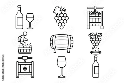Wine and Winemaking Process Icon Set. Grape Harvest, Crushing, Pressing, Fermentation, Barrel Aging, Bottling, Glasses, Bottles. Outline Vector Collection for Winery, Vineyard, Beverage Industry