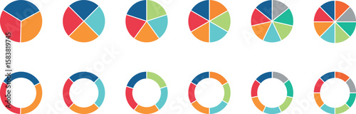 Collection of colorful segmented pie and donut charts isolated on transparent background