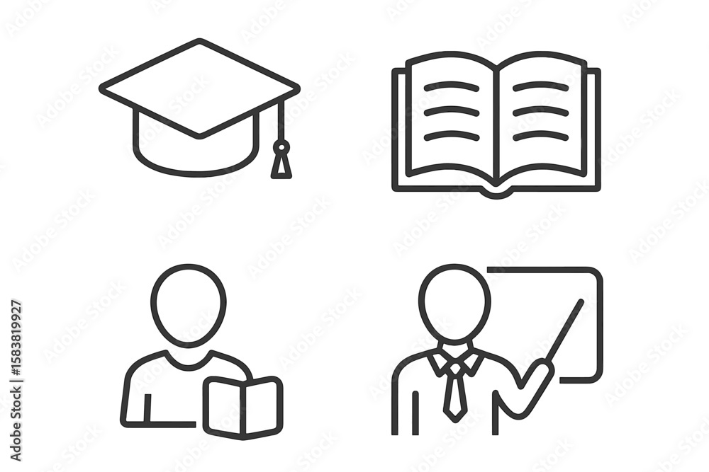 Linear Style Education and Learning Icon Set – Graduation Cap, Open Book, Student Reading, Teacher Explaining, School and University Knowledge Outline Collection Linear Style Education and Learning Icon Set – Graduation Cap, Open Book, Student Reading, Teacher Explaining, School and University Knowledge Outline Collection