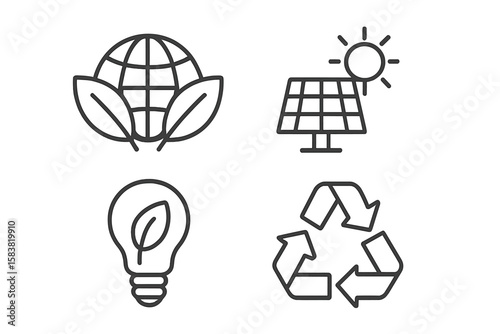 Eco-Friendly Linear Icons Set: Global Sustainability, Solar Energy, Green Innovation, Recycling Symbol, Environmental Conservation, Renewable Resources, Clean Energy, Outline Vector Collection