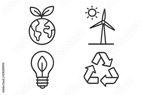 Eco-Friendly Line Icons Set – Sustainable Earth, Renewable Energy, Green Lightbulb, Recycling Symbol – Minimalist Outline Vector Collection for Environmental Awareness and Clean Energy Concepts