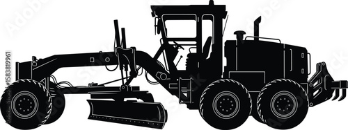 Silhouette of motor grader construction machine, heavy equipment for road leveling, industrial grader vehicle for civil engineering and site preparation