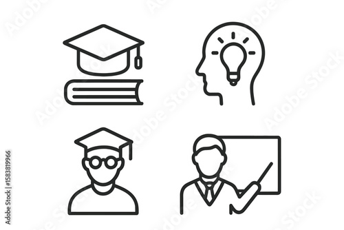 Education and Knowledge Line Icons Set – Graduation Cap, Book, Student, Teacher, Learning, University, School, Outline Vector Collection, Academic Concept, Modern Minimal Design