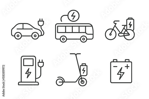 Set of 6 Linear Style Icons for Electric Vehicles and Eco-Friendly Transport – Electric Car, Bus, E-Bike, Electric Scooter, Motorcycle, Charging Station, and Battery Symbols