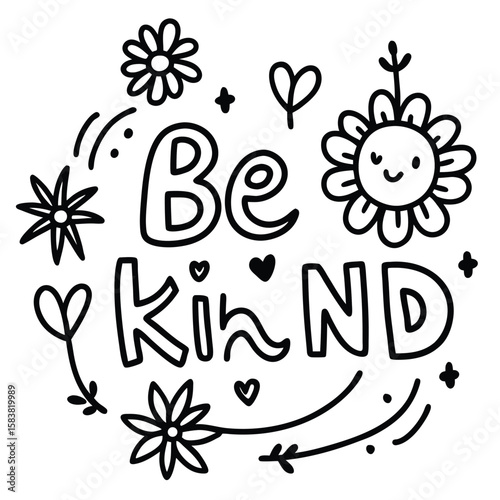 Hand drawn be kind lettering with flowers and hearts isolated on white background