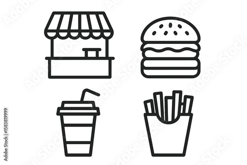 Fast Food Line Icons Set – Burger, Fries, Drink, Food Stall – Minimalist Outline Vector for Food Court, Takeout, Quick Meals, Restaurant Menu, Snack Bar, Street Food, Infographic Design