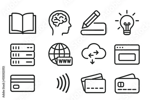 Linear Style Knowledge and Cognition Icon Set. Education, Learning, Brain Development, Creative Thinking, Writing, Internet, Cloud Computing, Payment Methods. Outline Vector Collection