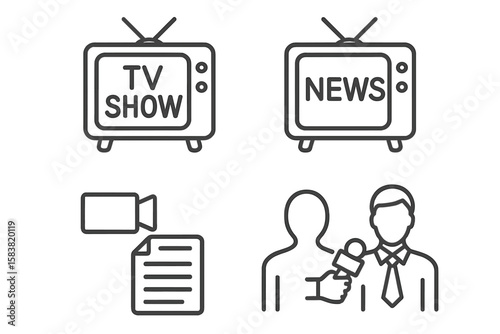 Linear Style Mass Media and Journalism Icon Set – TV Show, News Broadcast, Video Report, Interview Outline Collection, Modern Communication, Media Production, Press Coverage, Vector Illustration