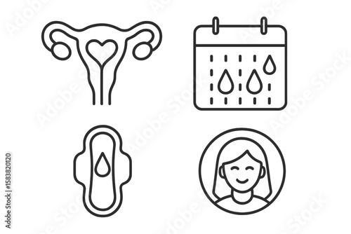 Menstrual Cycle and Period Hygiene Line Icons Set. Female Reproductive Health, Menstruation Calendar, Sanitary Pad, Happy Woman. Outline Vector Collection for Women’s Wellness, Education, Healthcare
