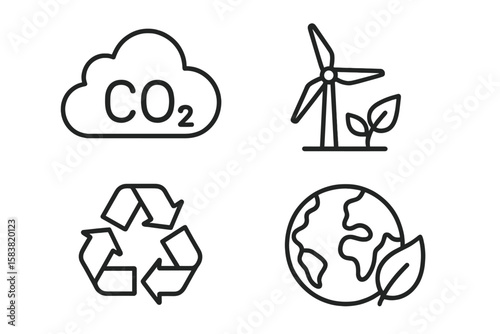 Net Zero Carbon Emissions and Green Energy Line Icons Set. CO2 Reduction, Renewable Energy, Recycling, Eco-Friendly Earth. Sustainable Environment Outline Symbols Collection. Climate Action Concept.
