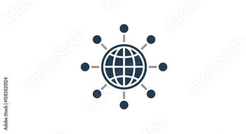 A stylized graphic depicting a globe surrounded by interconnected points, symbolizing global networks.