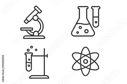 Science Laboratory Line Icons Set – Microscope, Test Tubes, Beaker, Atom Symbol, Chemistry Experiment, Scientific Research, Linear Style, Vector Illustration, Transparent Background