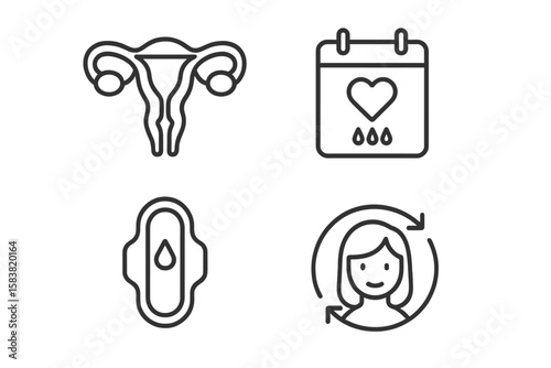 Menstrual Cycle and Period Health Line Icons Set. Uterus, Menstruation Calendar, Sanitary Pad, Female Reproductive System, Woman’s Health, Monthly Cycle, Feminine Hygiene, Medical Outline Vector