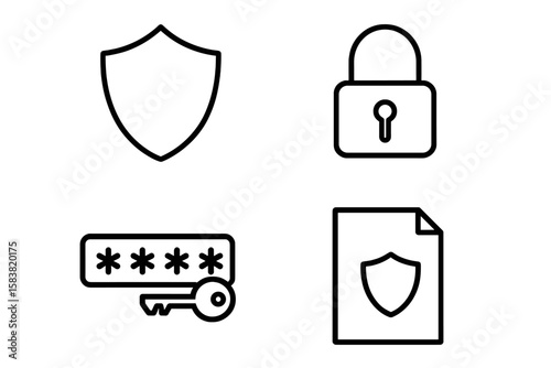 Cyber Security Line Icons Set – Shield, Padlock, Password, Key, Data Protection, Web Safety, Secure Access, Outline Vector Collection