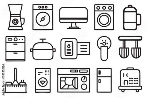 Set of 25 black line art icons depicting common household appliances and electronics blender washing machine