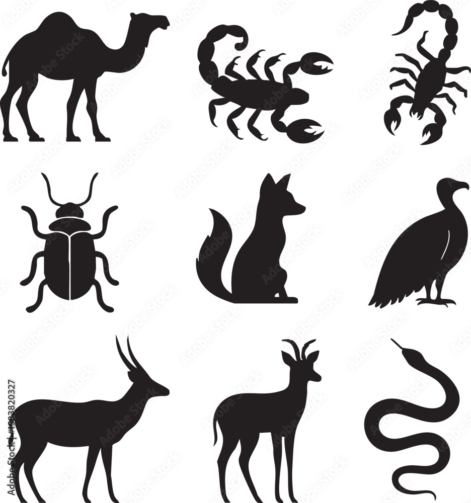 Fototapeta premium Desert and Savannah Animals Silhouettes of Camel, Scorpion, Fox, and More