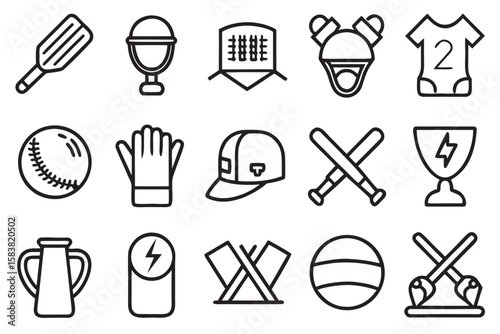 Collection of minimalist black line icons for baseball and sports vector