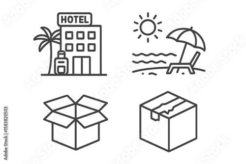 Summer Vacation and Travel Line Icons Set – Hotel, Beach, Sea, Open and Closed Box, Outline Vector Collection for Tourism, Holiday, Resort, Packing, Shipping, Leisure, and Travel Concepts