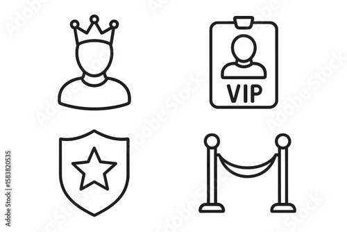 VIP Royalty and Exclusivity Line Icons Set. Outline Vector Collection Featuring Crowned Person, VIP Badge, Security Shield, Velvet Rope Barrier. Celebrity, Elite Access, Security, Event Concept