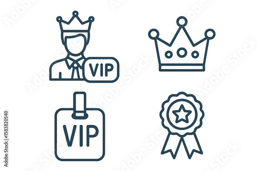 VIP Royalty and Exclusivity Line Icons Set. Linear Style Vector Collection Featuring Crown, VIP Badge, Award Ribbon, and Important Person Outline Symbols for Premium Access and Membership