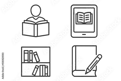Modern Book and Reading Line Icons Set – Outline Vector Collection Featuring E-Book, Library, Literature, Writing, Bookshelf, Digital Reading, Study, and Education Concepts