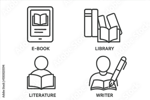 Modern Book and Reading Line Icons Set – E-Book, Library, Literature, Writer. Editable Outline Pictograms for Infographics, Education, Publishing, Digital Media, and Learning Resources