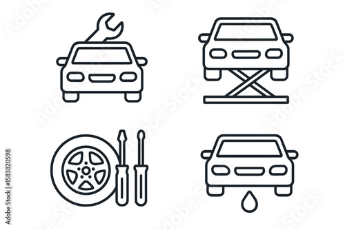 Linear Style Car Service and Auto Repair Icon Set – Outline Vector Collection Featuring Vehicle Maintenance, Tire Fitting, Oil Change, and Garage Tools for Infographics and Pictograms