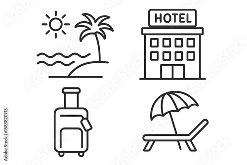 Set of 4 Linear Travel and Tourism Icons: Vacation by the Sea, Hotel Stay, Resort Entertainment, and Luggage Outline Pictograms for Web and Mobile