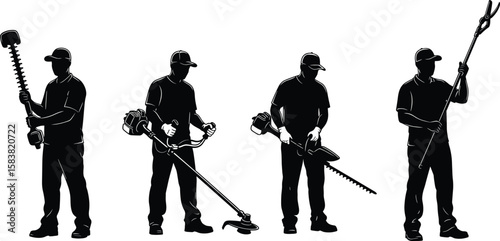 Silhouette set of gardener with power tools, grass trimmer, hedge cutter, pruning shears, outdoor landscaping maintenance, lawn care workers clipart