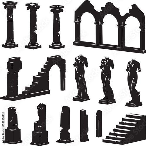 Collection of Classic Architectural Ruins and Sculptures