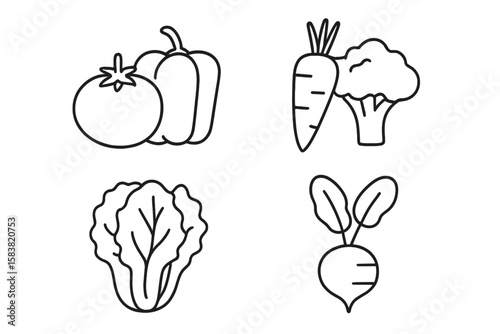 Set of 4 Linear Style Vegetable Icons, Fresh Natural Vegetables and Root Vegetables, Vegetarian Food Vector Illustration on Transparent Background