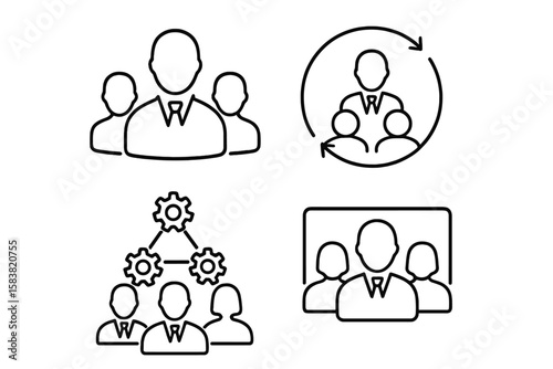 Business Teamwork Outline Icon Set – Linear Style Collection of 4 Icons Depicting Team, Collaboration, Work Group, Business People, Leadership, Management, Office Staff, and Corporate Communication